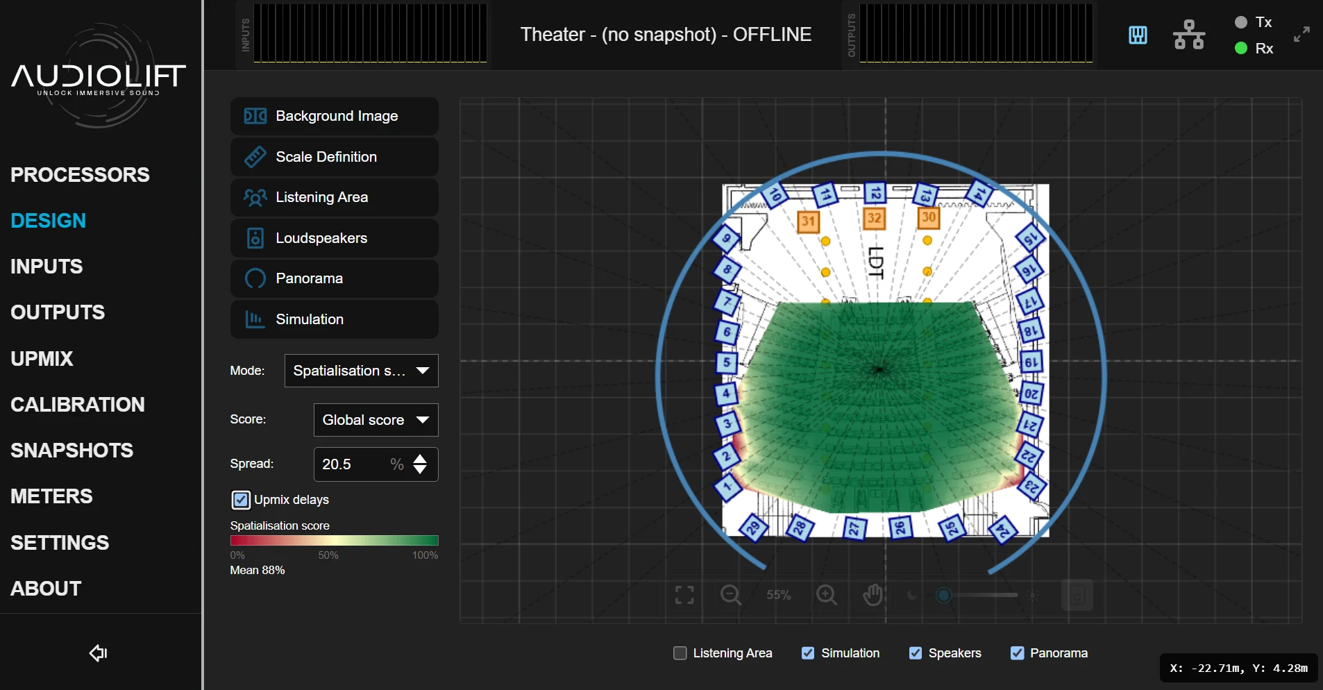 Audiolift Controller, Design view: theatre plan with 32 loudspeakers and spatialisation score map, mean 88 %