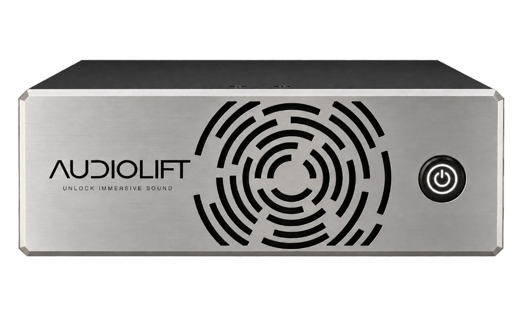 Audiolift Immersive Processor, front panel: brushed aluminium with arc-field grille and power button